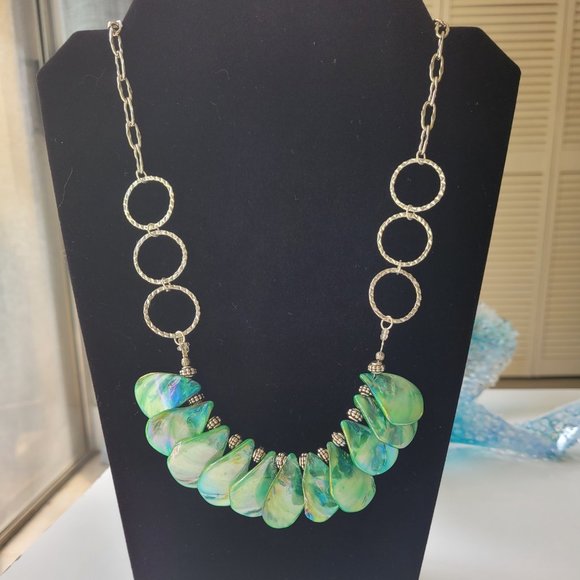 Handmade Necklace with Green Shell Teardrop Beads - Picture 2 of 3